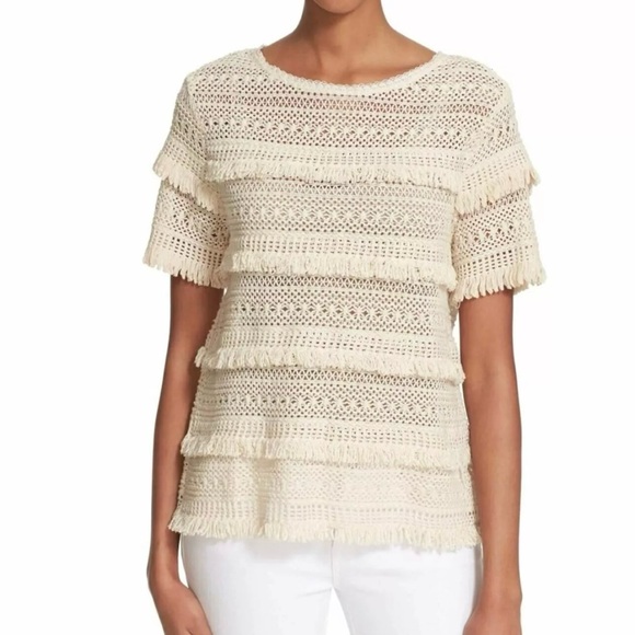 Joie Tops - Joie Rafael Boho Cream Fringe Crochet Short Sleeve Top Size Small
